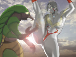 Rule 34 | 1girl, blank eyes, bodysuit, breasts, claws, clenched teeth, cloud, colored skin, facial mark, female focus, fight, fighting, giant, giantess, glowing, glowing eyes, grey hair, grey skin, groin, headpiece, helmet, high kick, highleg, highres, kicking, large breasts, lens flare, lipstick, makeup, monster, mousou tokusatsu series ultramadam, nappii (nappy happy), no pupils, outdoors, parody, pincers, red lips, sky, sun, teeth, thick thighs, thighs, ultra series, ultramadam, uniform, wide hips, yellow eyes
