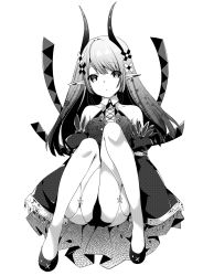 Rule 34 | 1girl, bad id, bad pixiv id, bare shoulders, character request, collar, copyright request, dress, elf, expressionless, greyscale, hair ornament, hairpin, head tilt, horns, knees together feet apart, legs, long hair, monochrome, panties, pantyshot, pointy ears, simple background, sleeveless, sleeveless dress, solo, standing, teroru, thighhighs, thighs, underwear, white background