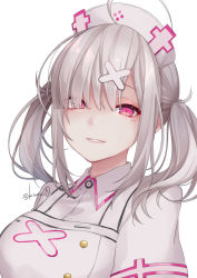 Rule 34 | 1girl, ahoge, blush, breasts, collared dress, dress, eyes visible through hair, grey hair, hair ornament, hair over one eye, hat, highres, kuroi (liar-player), looking at viewer, medium breasts, mole, mole under eye, nijisanji, nurse, nurse cap, parted lips, pink hair, puffy sleeves, simple background, solo, sukoya kana, twintails, twitter username, upper body, virtual youtuber, white background, white dress, white hat, x hair ornament