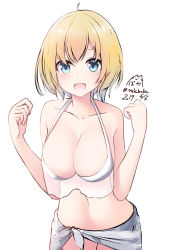 Rule 34 | 1girl, :d, ahoge, bare arms, bare shoulders, bikini, bikini top only, blonde hair, blue eyes, blush, breasts, cleavage, collarbone, commentary request, dated, hair between eyes, hands up, highres, large breasts, looking at viewer, navel, nekobaka, open mouth, original, sarong, see-through, short hair, signature, simple background, smile, solo, swimsuit, twitter username, white background, white bikini