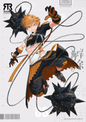 Rule 34 | 1boy, abs, absurdres, ball and chain (weapon), barcode, belt, blue eyes, chain, collar, commentary request, cuffs, flail, full body, gloves, grey background, highres, looking at viewer, male focus, midriff, orange hair, original, see-through, shackles, sharp teeth, solo, spiked ball and chain, taiga (ryukyu-6102-8), teeth, waist cape, weapon