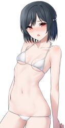 Rule 34 | 1girl, absurdres, arms at sides, bare arms, bare shoulders, bikini, black hair, blush, breasts, chestnut mouth, collarbone, commentary request, contrapposto, cowboy shot, fang, groin, hair ribbon, halterneck, highres, looking at viewer, love live!, love live! nijigasaki high school idol club, medium breasts, micro bikini, mifune shioriko, nasuno (nasuno42), navel, nose blush, parted lips, red eyes, ribbon, short hair, simple background, skin fang, solo, stomach, string bikini, swimsuit, tearing up, underboob, white background, white bikini, white ribbon