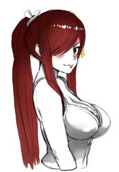 Rule 34 | 1girl, blush, bra, breasts, cleavage, cropped torso, erza scarlet, fairy tail, female focus, from side, hair over one eye, large breasts, simple background, solo, star (symbol), swept bangs, the golden smurf, underwear, underwear only