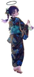 Rule 34 | 1girl, blue archive, blue eyes, braid, floral print, halo, highres, japanese clothes, kimono, mechanical halo, obi, print kimono, purple hair, sakatsuki yakumo, sash, simple background, solo, water yoyo, white background, yukata, yuuka (blue archive)