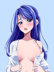 Rule 34 | 1girl, blue background, blue eyes, blue hair, blush, breasts, commentary request, embarrassed, eyelashes, highres, large breasts, blue background, long hair, looking at viewer, minazuki karen, open mouth, precure, s-operator, shirt, simple background, solo, undressing, white shirt, yes! precure 5