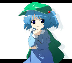 Rule 34 | 1girl, arm support, bag, blue eyes, blue hair, female focus, hair bobbles, hair ornament, hand on own chin, hat, kawashiro nitori, letterboxed, matching hair/eyes, oka (bananashoe), short hair, solo, stroking own chin, touhou, twintails, two side up
