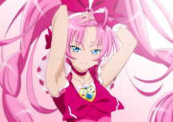 Rule 34 | 1girl, armpits, arms up, blue eyes, blush, bow, bow hairband, choker, closed mouth, cure rhythm, floating hair, fuchi (nightmare), gradient background, hair bow, hair ornament, hairband, hands in hair, heart, heart hair ornament, long hair, looking at viewer, pink background, pink hair, precure, red bow, red choker, sleeveless, smile, solo, suite precure, upper body, very long hair, white background, white hairband