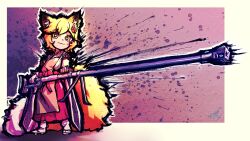 Rule 34 | 1girl, absurdres, animal ear fluff, animal ears, anti-materiel rifle, apron, bipod, blonde hair, bolt action, border, crosshatching, flat chest, floofsmear, flower, fluffy, fox ears, fox girl, fox tail, gun, hair between eyes, hair flower, hair ornament, hakama, hatching (texture), highres, holding, holding gun, holding weapon, japanese clothes, kimono, kitsune, kyuubi, long eyelashes, long sleeves, looking at viewer, mixed media, multiple tails, outline, paint splatter, pink background, ptrd-41, rifle, senko (sewayaki kitsune no senko-san), sewayaki kitsune no senko-san, short hair, smile, smug, sniper rifle, solo, standing, tabi, tail, thick outlines, weapon, white border, white kimono, white outline, yellow eyes, yellow fur