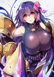 Rule 34 | 10s, 1girl, bare shoulders, breasts, cleavage, fate/extra, fate/extra ccc, fate (series), hair ribbon, hirai yuzuki, huge breasts, long hair, looking at viewer, passionlip (fate), pink eyes, purple eyes, purple hair, ribbon, very long hair