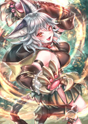 Rule 34 | 1girl, animal ears, blush, boots, breasts, claw (weapon), claws, collar, commentary request, erune, granblue fantasy, grey hair, hair between eyes, high heel boots, high heels, highres, large breasts, looking at viewer, open mouth, orange eyes, sen (granblue fantasy), short hair, sideboob, skirt, smile, solo, suzaku (zaku6584), weapon