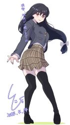 Rule 34 | 1girl, alternate costume, black footwear, black hair, black thighhighs, blazer, bow, brown skirt, dated, from behind, fusou (kancolle), grey jacket, hair bow, highres, jacket, kantai collection, ld (luna dial398), loafers, long hair, looking at viewer, looking back, low-tied long hair, plaid, plaid skirt, pleated skirt, red eyes, shoes, signature, simple background, skirt, smile, solo, thighhighs, white background, white bow