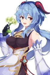 Rule 34 | 1girl, ahoge, bare shoulders, bell, blue hair, breasts, chinese knot, detached sleeves, excella (delltothu), flower, flower knot, ganyu (genshin impact), genshin impact, gold trim, highres, holding, holding flower, horns, long hair, looking at viewer, medium breasts, neck bell, open mouth, purple eyes, qingxin flower, sidelocks, smile, solo, upper body, vision (genshin impact), white background, white flower, white sleeves