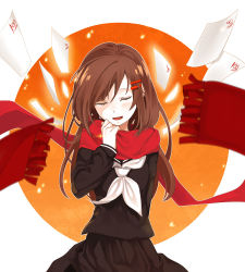 Rule 34 | 1girl, ayano no koufuku riron (vocaloid), black serafuku, black skirt, brown hair, circle, closed eyes, floating, floating object, floating scarf, hair between eyes, hair ornament, hairpin, hand on own chest, kagerou project, long hair, long sleeves, mekakucity actors, multiple hairpins, neckerchief, okame, open mouth, orange background, paper, pleated skirt, red scarf, scarf, school uniform, serafuku, skirt, solo, tateyama ayano, tears, two-tone background, vocaloid, white background, white neckerchief
