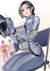 Rule 34 | 1girl, 2boys, absurdres, artist name, belt, black hair, blurry, blurry background, bodysuit, breasts, chair, commentary request, faceless, faceless male, folding chair, gloves, helmet, highres, holding, kagematsuri, looking at viewer, medium breasts, medium hair, mole, mole under mouth, multiple boys, original, parted bangs, parted lips, purple eyes, sentai, shiny clothes, simple background, sitting, skirt, sweat, sweatdrop, tokusatsu, watermark