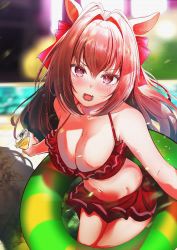 Rule 34 | 1girl, :o, absurdres, animal ears, bikini, blurry, blurry background, blush, bow, breasts, brown hair, cleavage, commentary request, cup, daiwa scarlet (trifle vacation) (umamusume), daiwa scarlet (umamusume), fang, hair bow, hair intakes, highres, holding, holding cup, horse ears, horse girl, innertube, large breasts, long hair, looking at viewer, mika uni, official alternate costume, purple eyes, red bikini, red bow, solo, swim ring, swimsuit, umamusume, very long hair, water