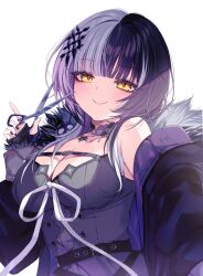 Rule 34 | 1girl, absurdres, belt, black belt, black choker, black coat, black dress, black gloves, black hair, black nails, breasts, chest belt, choker, cleavage, coat, dress, elbow gloves, fur-trimmed coat, fur trim, gloves, highres, holding, holding scissors, hololive, hololive english, ineka ka, lace-trimmed choker, lace trim, large breasts, looking at viewer, medium hair, multicolored hair, nail polish, scissors, shiori novella, shiori novella (1st costume), smile, solo, split-color hair, striped clothes, striped gloves, virtual youtuber, white hair, yellow eyes, yorick (shiori novella)