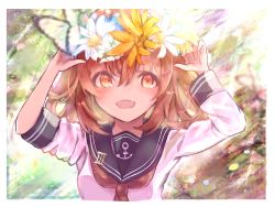 Rule 34 | 1girl, black sailor collar, brown eyes, brown hair, bug, butterfly, commentary request, fang, flower, hair ornament, hairclip, head wreath, highres, ikazuchi (kancolle), insect, kantai collection, long sleeves, looking at viewer, neckerchief, open mouth, red neckerchief, sailor collar, sailor shirt, school uniform, serafuku, shirt, short hair, skin fang, sleeve rolled up, solo, upper body, womisoba
