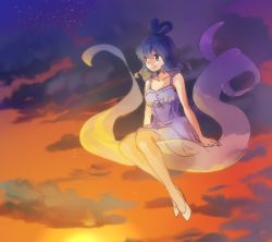 Rule 34 | 1girl, alternate costume, bare arms, blue dress, blue hair, brown eyes, closed mouth, cloud, cloudy sky, dress, dusk, full body, hair rings, kaku seiga, looking to the side, makuwauri, shawl, sitting, sky, smile, solo, star (sky), sun, touhou, white footwear