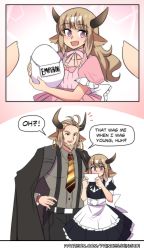 Rule 34 | 2boys, 2koma, ^^^, absurdres, aged down, animal ears, apron, arknights, beard, bison (arknights), black cape, black pants, blush, brown hair, cape, comic, cow ears, cow horns, crossdressing, dress, earrings, egg, english text, eurill pides (arknights), facial hair, father and son, food, highres, hinghoi, holding, holding egg, holding food, holding photo, horns, jewelry, long hair, maid, maid apron, male focus, male maid, manly, multiple boys, necktie, open mouth, pants, photo (object), pink dress, purple eyes, short hair, sidelocks, smile, speech bubble, trap, watermark, web address, yellow neckwear