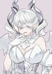 1girl blush breasts corset cowboy_shot demon_girl demon_horns demon_wings detached_collar drill_hair duel_monster earrings evil_smile finger_to_mouth gloves grey_eyes grey_hair highres horns jewelry large_breasts looking_at_viewer lovely_labrynth_of_the_silver_castle open_mouth pointy_ears purple_background simple_background smile solo transparent_wings twin_drills uni_(u2cream) upper_body white_gloves wings yu-gi-oh!