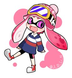 Rule 34 | 1girl, absurdres, bike shorts, blue shirt, blush, collared shirt, double horizontal stripe, fang, goggles, goggles on headwear, highres, inkling, inkling girl, inkling player character, kei (jelsamscout), long hair, nintendo, open mouth, pink eyes, pink hair, pink headwear, red footwear, shirt, shoes, sneakers, solo, splatoon (series), suction cups, twintails, twitter username, walking, white background