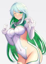 Rule 34 | 1girl, abeen jhong, blue hair, colored inner hair, fate/grand order, fate (series), green eyes, green hair, highres, kukulkan (fate), kukulkan (second ascension) (fate), multicolored hair, one eye closed, revealing clothes, simple background, solo, upper body, white background