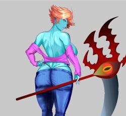 Rule 34 | 1girl, absurdres, ass, back, blue skin, breasts, breasts out, butt crack, colored skin, commentary, denim, earrings, from behind, highres, historietas assombradas, holding, holding scythe, huge breasts, jeans, jewelry, looking back, mature female, morte (historietas assombradas), pants, red hair, scythe, short hair, single earring, solo, thong, zxxk