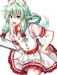 Rule 34 | 1girl, :o, alternate costume, apron, belt, bow, breasts, buttons, double-breasted, dress, frilled dress, frills, goblin slayer!, green hair, hair bow, hat, high elf archer (goblin slayer!), highres, holding, kankitukou, leaning forward, nurse, nurse cap, pointy ears, red belt, red bow, simple background, small breasts, solo, teeth, thighhighs, tongue, waist apron, white background, white thighhighs