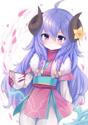 Rule 34 | 1girl, ahoge, alternate costume, alternate hair color, alternate hairstyle, blush, braid, cherry blossoms, child, curled horns, flower, flower (symbol), fur (clothing), gloves, hair between eyes, hair flower, hair ornament, horns, japanese clothes, kindred (league of legends), lamb (league of legends), league of legends, long hair, long sleeves, looking at viewer, mask, unworn mask, nanabe, official alternate costume, official alternate hairstyle, petals, purple eyes, purple hair, ribbon, side braid, spirit blossom kindred, twin braids, twintails, white fur