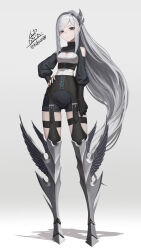 Rule 34 | 1girl, absurdres, armor, armored boots, bare shoulders, blue eyes, boots, breasts, cleavage cutout, clothing cutout, fantasy, fingerless gloves, full body, garter straps, gloves, gradient background, grey background, grey hair, hairband, hand on own hip, highres, ikasamahideo, long hair, looking at viewer, medium breasts, mole, mole under eye, original, ponytail, raised eyebrow, shadow, shoulder cutout, signature, solo, standing, thighhighs, two-tone background, very long hair, white background