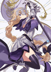 Rule 34 | 1girl, ahoge, armor, armored dress, black thighhighs, blonde hair, blue eyes, bow, braid, breasts, commentary request, fate/apocrypha, fate/grand order, fate (series), flag, flagpole, gauntlets, hair between eyes, hair bow, headpiece, holding, holding weapon, jeanne d&#039;arc (fate), jeanne d&#039;arc (ruler) (fate), jumping, kanyoko (yuzukano 17), large breasts, long braid, long hair, looking at viewer, partial commentary, polearm, purple bow, purple eyes, single braid, smile, solo, sword, thighhighs, thighs, very long hair, weapon