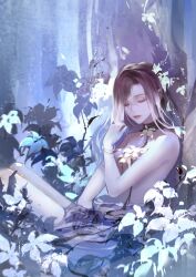 Rule 34 | 1girl, absurdres, asymmetrical bangs, bracelet, breasts, center-flap bangs, chinese commentary, closed eyes, collarbone, commentary, completely nude, covering breasts, covering privates, flower, glowing flower, gradient hair, hair between eyes, highres, in water, jewelry, legs together, long hair, medium breasts, multicolored hair, neck flower, nude, outdoors, parted lips, partially submerged, path to nowhere, playing with own hair, purple hair, red lips, shalom (path to nowhere), sitting, solo, tree, white flower, white hair, yinsun yinling