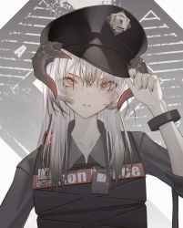 Rule 34 | 1girl, arknights, bad id, bad pixiv id, black hat, black shirt, bulletproof vest, collarbone, collared shirt, dragon horns, gradient hair, grey hair, hand up, hat, highres, horns, id card, light blush, long hair, looking at viewer, military hat, multicolored hair, official alternate costume, open mouth, orange eyes, saria (arknights), saria (the law) (arknights), serious, shiroki tyuki, shirt, sleeves rolled up, solo, upper body, walkie-talkie, white background, white hair