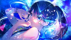 Rule 34 | 1girl, black hair, blue background, blue eyes, blue hair, blue theme, earrings, highres, hoshino ichika (project sekai), jewelry, long hair, looking at viewer, multicolored eyes, multicolored nails, non-web source, official art, ponytail, portrait, project sekai, sleeveless, star (symbol), star earrings