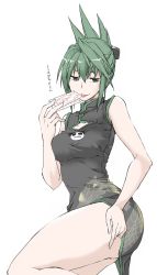 Rule 34 | 1girl, bare arms, breasts, character request, china dress, chinese clothes, copyright request, dress, elf (stroll in the woods), green eyes, green hair, highres, medium breasts, shaman king, sketch, solo, standing, standing on one leg, tao jun, thighhighs, thighs, tongue, tongue out, translation request