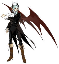 Rule 34 | ahoge, bat wings, boots, formal, horns, looking away, male focus, original, silver hair, simple background, solo, starshadowmagician, white background, wings