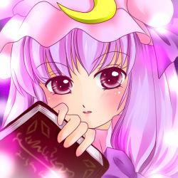 Rule 34 | 1girl, blush, book, commentary request, crescent, female focus, gradient background, hat, long hair, patchouli knowledge, purple hair, ribbon, solo, touhou, yuzuna99