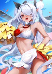 Rule 34 | 1girl, absurdres, bare shoulders, black ribbon, blue archive, breasts, cheerleader, cleavage, commentary, confetti, crop top, dark-skinned female, dark skin, day, grey hair, hair over one eye, hair ribbon, halo, highres, holding, holding pom poms, iori (blue archive), lens flare, long hair, medium breasts, millennium cheerleader outfit (blue archive), navel, open mouth, outdoors, pleated skirt, pointy ears, pom pom (cheerleading), pom poms, red eyes, ribbon, sakurahuji-iro, skirt, solo, stomach, teeth, twintails, two-tone skirt, upper teeth only, very long hair