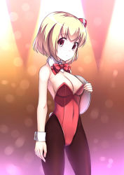 Rule 34 | 1girl, alternate costume, black pantyhose, blonde hair, blush, bow, bowtie, breasts, cleavage, detached collar, hair ribbon, highres, leotard, looking at viewer, medium breasts, nakamura kusata, pantyhose, playboy bunny, rabbit tail, red eyes, red leotard, ribbon, rumia, short hair, solo, tail, touhou, tray, wrist cuffs
