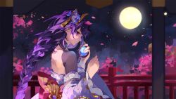 Rule 34 | 1girl, back, blunt bangs, braid, closed mouth, falling petals, flower, genshin impact, hair flower, hair ornament, highres, japanese clothes, kimono, long hair, long sleeves, looking at viewer, petals, purple eyes, purple hair, purple kimono, raiden shogun, solo, tassel, wide sleeves, wisteria, yeurei