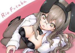 Rule 34 | 10s, 1girl, animal ears, black footwear, black leotard, black pantyhose, bow, bowtie, breasts, brown eyes, brown hair, character name, cleavage, coat, detached collar, downblouse, fake animal ears, from above, full body, futaba rio, glasses, high heels, lab coat, large breasts, leotard, long hair, looking at viewer, lying, on side, oonaka ito, open clothes, open coat, open mouth, pantyhose, playboy bunny, rabbit ears, rabbit tail, seishun buta yarou, strapless, strapless leotard, tail