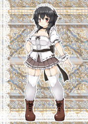 Rule 34 | 1girl, ankle boots, black hair, blush, boots, breasts, choker, cleavage, cross-laced footwear, frilled skirt, frills, full body, garter straps, hand on own hip, highres, himeka (estacion), huyusilver, lace-up boots, large breasts, looking at viewer, maid headdress, medium breasts, miniskirt, mrs. estacion, red eyes, sash, skirt, smile, solo, standing, thighhighs, wrist cuffs
