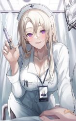 Rule 34 | 1girl, blush, breasts, brown hair, cleavage, collarbone, dress, gongha, hat, holding, holding syringe, id card, large breasts, large syringe, long hair, long sleeves, looking at viewer, mole, mole under eye, mole under mouth, nurse, nurse cap, original, oversized object, pov, purple eyes, skirt, smile, solo focus, syringe