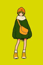 Rule 34 | 1girl, absurdres, bag, beanie, bright pupils, coat, full body, green background, green coat, green eyes, green hair, green theme, hat, highres, looking at viewer, miyoshi yoshimi, orange bag, orange hat, original, scarf, shoes, short hair, shoulder bag, signature, simple background, sleeves past fingers, sleeves past wrists, solo, standing, white pupils, white scarf, yellow footwear