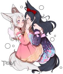 Rule 34 | 2girls, ahoge, animal ears, arm around shoulder, bare shoulders, black hair, blush, bow, choker, copyright name, detached sleeves, dress, elin, extra ears, hair bow, hand on another&#039;s cheek, hand on another&#039;s face, holding hands, holding person, korean clothes, lips, long hair, long sleeves, looking at another, mini wings, multiple girls, nail polish, pink dress, pink eyes, purple dress, red bow, red eyes, sash, silver hair, simple background, sleeveless, sleeveless dress, srinitybeast, tail, tera online, transparent background, upper body, very long hair, white background, white choker, wide sleeves, wings