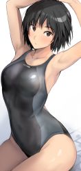 Rule 34 | 1girl, amagami, armpits, arms up, black hair, black one-piece swimsuit, blush, breasts, brown eyes, competition swimsuit, looking at viewer, medium breasts, mobu, nanasaki ai, one-piece swimsuit, parted lips, short hair, simple background, sitting, solo, swimsuit