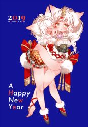 Rule 34 | 2019, 2girls, :t, animal ears, barefoot, blush, cheek-to-cheek, commentary request, closed eyes, flower, fur trim, green eyes, hair ornament, happy new year, heads together, heart, heart hair ornament, horns, hug, long sleeves, mamaloni, multiple girls, new year, open mouth, original, panties, purple background, purple flower, purple rose, rabbit tail, red footwear, red ribbon, ribbon, rose, shoes, short hair, simple background, single horn, tail, thick eyebrows, twitter username, underwear, white hair, white panties