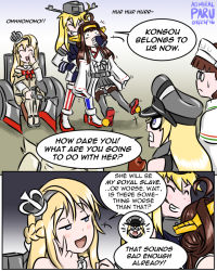 Rule 34 | &gt;:d, 10s, 6+girls, :d, ^ ^, admiral paru, aged down, ahoge, bismarck (kancolle), blonde hair, blue eyes, boots, braid, brown hair, capelet, closed eyes, comic, commentary, covering own mouth, detached sleeves, double bun, english text, female focus, french braid, glasses, gradient background, grin, hair bun, hairband, half-closed eyes, hands on another&#039;s face, hat, headgear, holding, iowa (kancolle), jewelry, kantai collection, kongou (kancolle), long hair, machinery, military, military uniform, multiple girls, musashi (kancolle), necklace, nontraditional miko, open mouth, peaked cap, pince-nez, pleated skirt, roma (kancolle), short hair, skirt, smile, staff, sweat, thigh boots, thighhighs, uniform, v-shaped eyebrows, warspite (kancolle), white background, zettai ryouiki