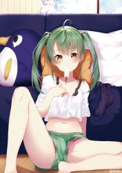 Rule 34 | 10s, 1girl, ahoge, bad id, bad pixiv id, barefoot, blush, breasts, casual, circle, cleavage, collarbone, couch, dripping, eyebrows, eyelashes, failure penguin, food, food in mouth, green hair, hair ornament, highres, kantai collection, legs, long hair, looking at viewer, midriff, miyakura shiiha, mouth hold, navel, panties, pillow, pink panties, popsicle, shirt, short shorts, shorts, sitting, small breasts, solo, spread legs, sweat, t-shirt, twintails, twitter username, underwear, upshorts, yellow eyes, zuikaku (kancolle)