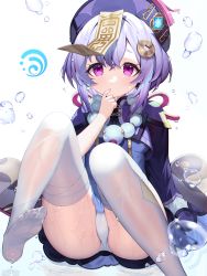 Rule 34 | 1girl, absurdres, bead necklace, beads, cameltoe, coin hair ornament, commentary, dress, feet, finger to mouth, genshin impact, hair ornament, hat, highres, jewelry, jiangshi, looking at viewer, necklace, no shoes, ofuda, panties, pantyshot, purple dress, purple eyes, purple hat, qingdai guanmao, qiqi (genshin impact), sitting, soles, solo, thighhighs, underwear, vision (genshin impact), wet, white background, white panties, white thighhighs, yuri (chocho q)